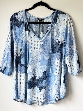 Frye Women’s Small Blue Boho Peasant Top Floral Paisley 3/4 Sleeve Rayon